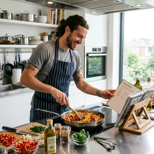 Professional Football Player Cooking in Modern Kitchen