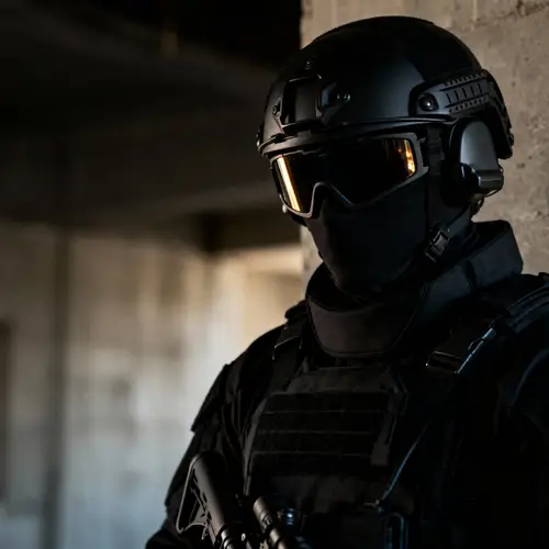 Sniper in Black Armored Suit with Visor Helmet