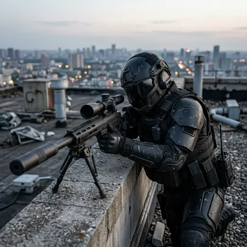 Sniper in Black Armored Suit with Visor Helmet