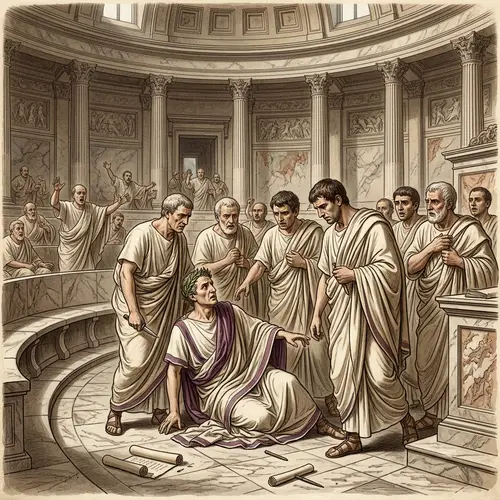 Assassination of Julius Caesar: Brutus and Senators in Vintage Roman Scene