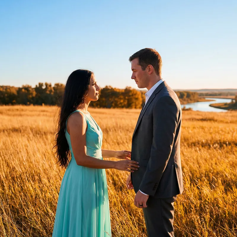 Intimate Couple Standoff in Green Landscape