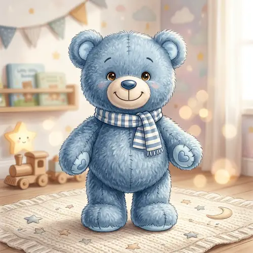 Enchanting Blue Teddy Bear Illustration - Disney-like Charm
