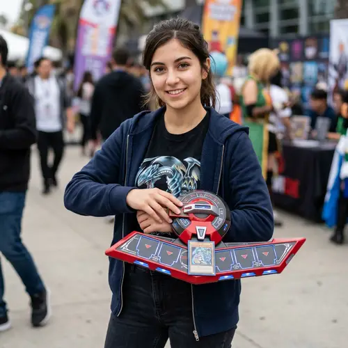 Beautiful Girl with Dueling Disc and Dragonmaid Card