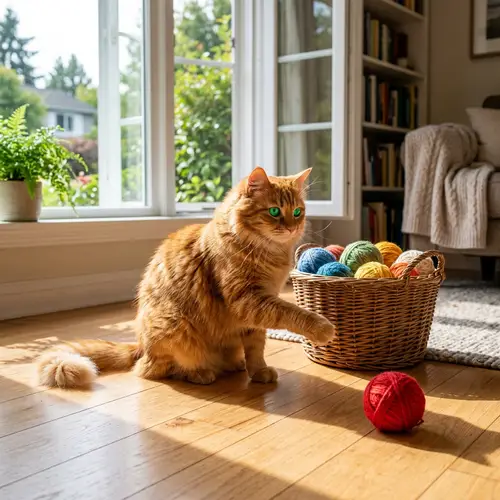 Fluffy Orange Tabby Cat in Sunlit Room with Yarn Balls