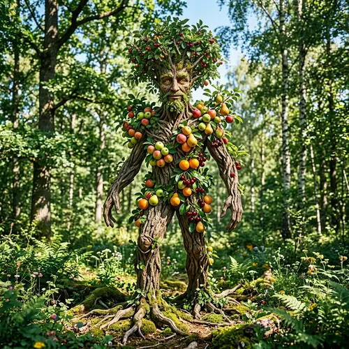 Imaginative Tree-Human Hybrid with Fruitful Bounty in Tranquil Forest