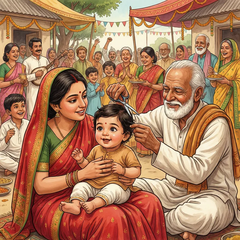 South Asian Mundan Ceremony Illustration South Asian Mundan Ceremony Illustration
