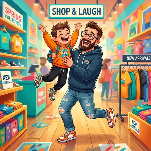 Cheerful Father and Son Cartoon Illustrations
