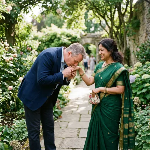 Cultural Respect: Caucasian Man Bowing to Kiss South Asian Woman