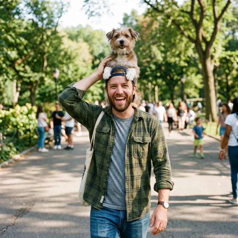 Happy Man Joyfully Balancing Dog on Head