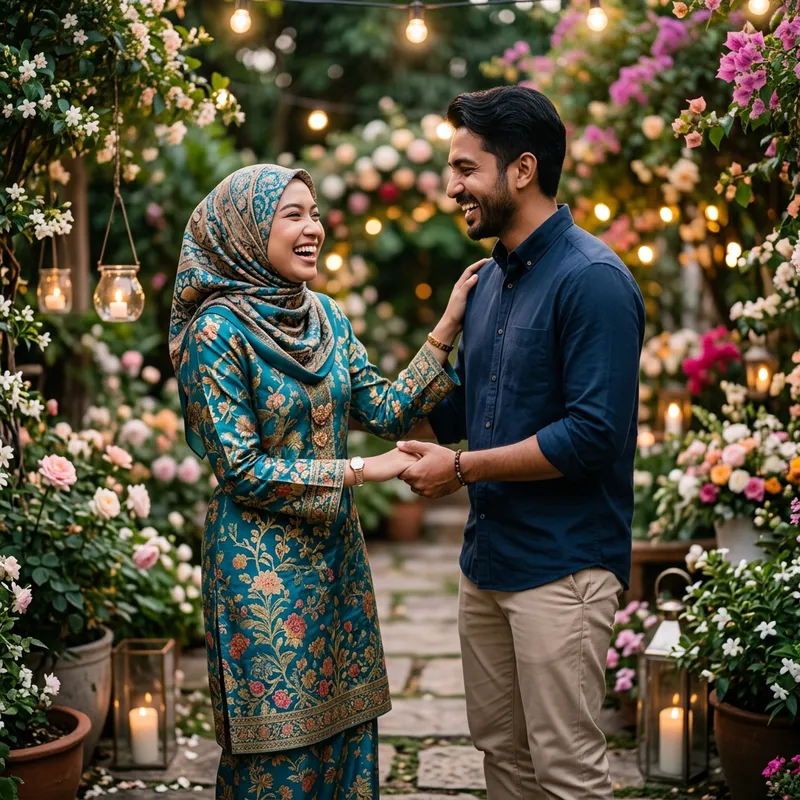 Young Malay Woman in Vibrant Baju Kurung Sharing a Warm Gesture