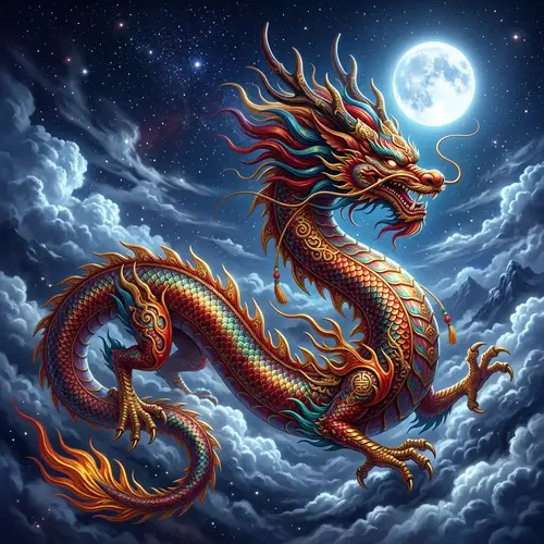 Asian Style Dragon Art | Vibrant Colors | Moonlit Sky