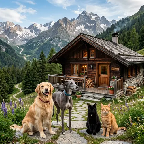 Mountain House with Dogs and Cats