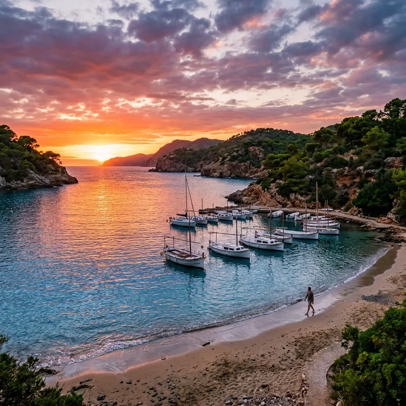 Tranquil Blue Bay Scene: Lush Greenery & Sunset Glow