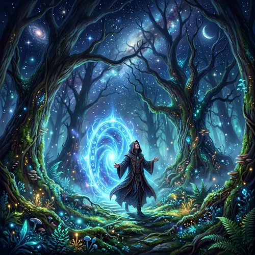 Mystic Forest Glade with Radiant Blue Portal | Fantasy Scene