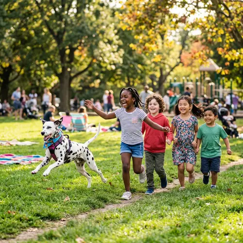 Playful Dalmatian Dog Enjoys Park Fun with Kids