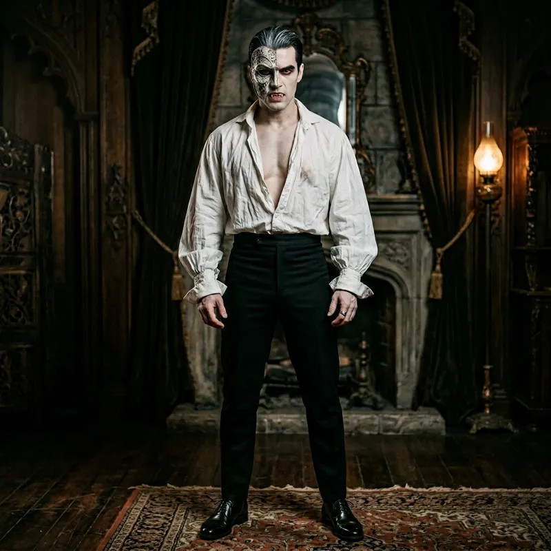 Imposing Split-Face Character: Enigmatic Man in Victorian Attire Imposing Split-Face Character: Enigmatic Man in Victorian Attire