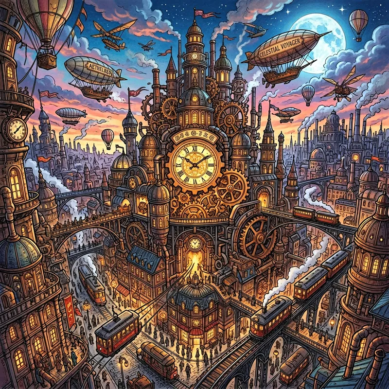 Surreal Steampunk Cityscape: Vibrant Colors, Grandeur Views