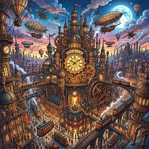 Imaginative Steampunk Cityscape: Vibrant, Exaggerated Perspective