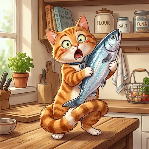 Playful Cartoon Cat with a Fish