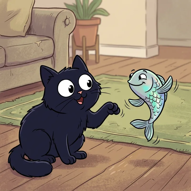 Playful Cartoon Cat with Dancing Fish - Fun Art