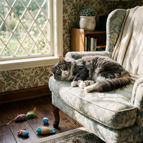 Cozy Grey and White Domestic Cat Lounging on Cushioned Chair