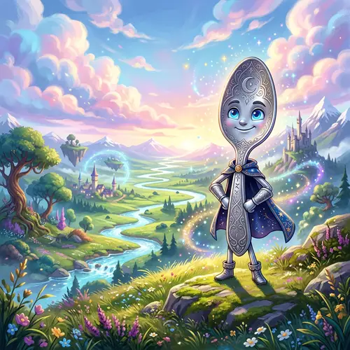 Whimsical Animated Spoon in Fantasy Landscape