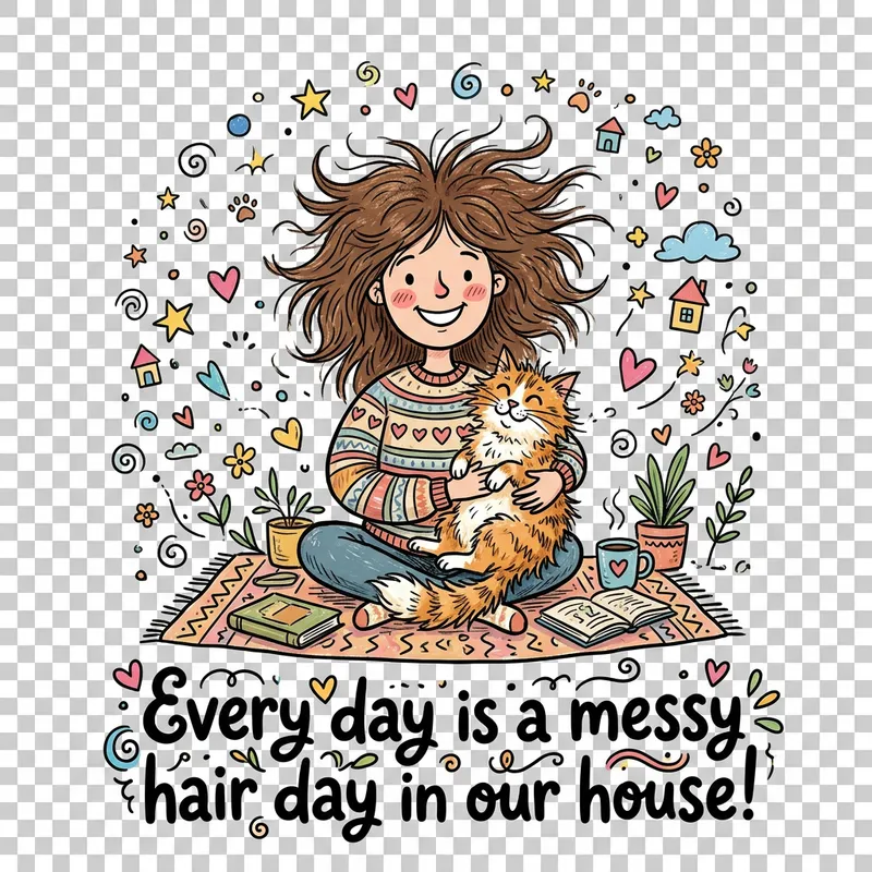 Whimsical Doodle: Messy Hair & Cats Illustration