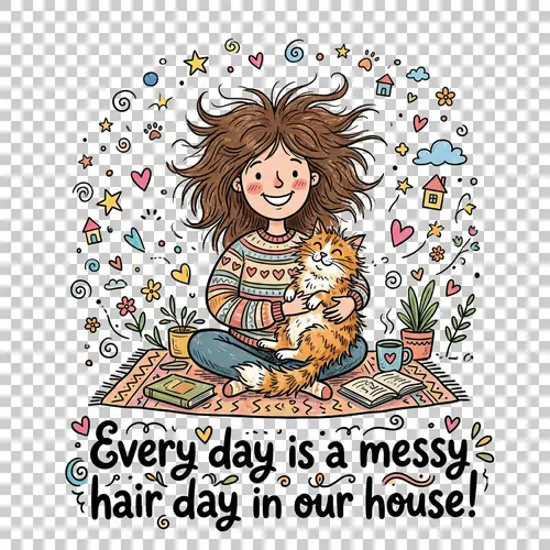 Whimsical Doodle: Messy Hair & Cats Illustration