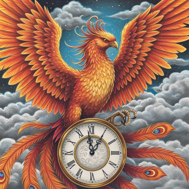 Phoenix Drawing with Clock at 12 O'Clock