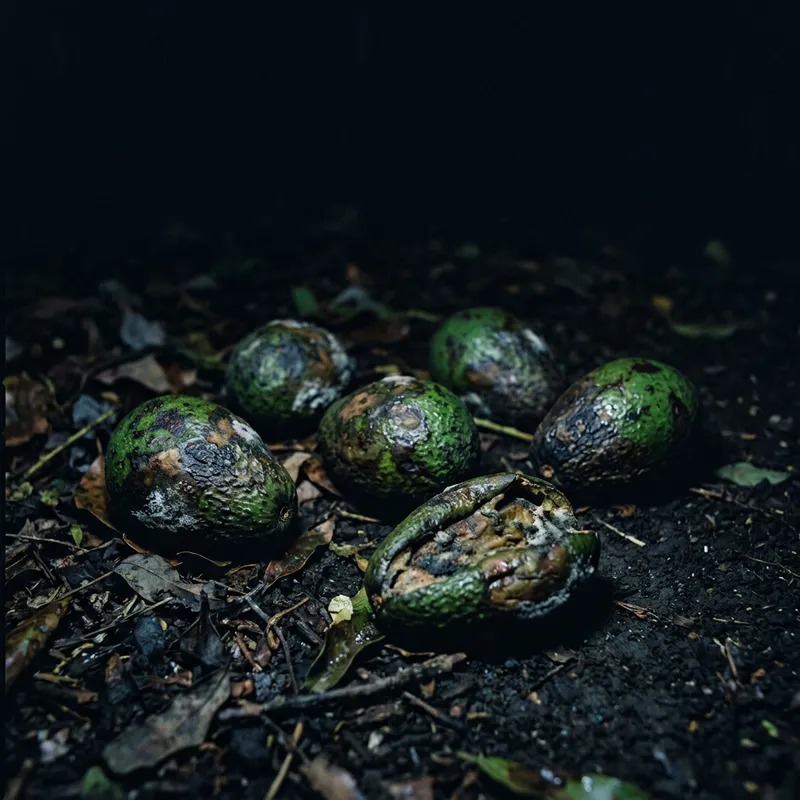 6 Rotting Avocados at Night - Green Decay Under Dark Sky