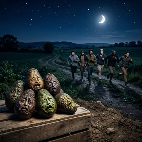 6 Avocados with Faces and Men Running at Night