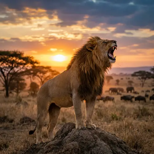 Majestic Lion Roaring at Sunset in the Savanna