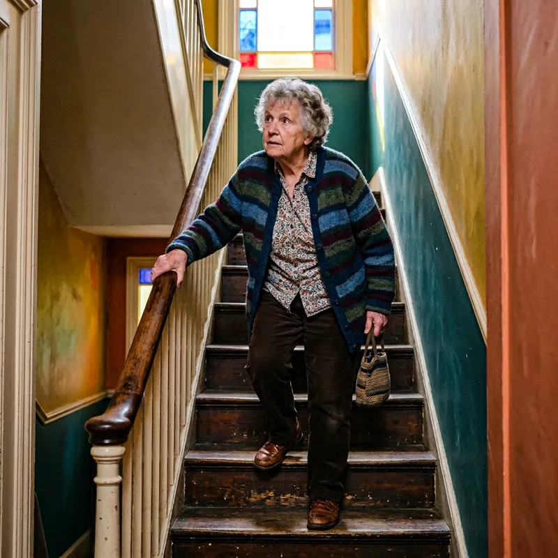 Elderly Person Climbing Colorful Staircase | Vivid Contrast Displayed