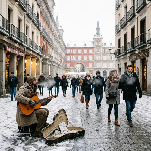 Winter Morning Scene in Madrid City Center - Tranquil Snowy Streets