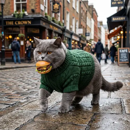 Realistic Grey British Shorthair Cat in Green Sweater Eating Hamburger