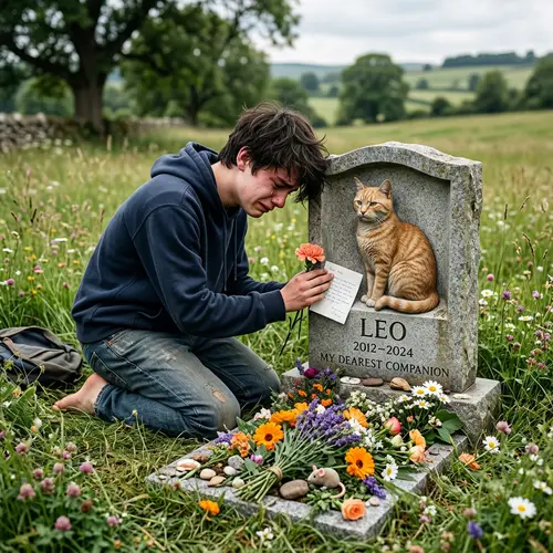 Ginger Cat Gravesite: Realistic Scene with Boy Weeping