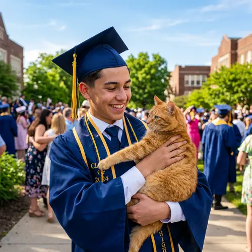 Handsome 15-Year-Old Boy Graduation Photo with Ginger Cat in Beautiful Weather