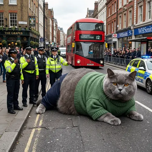 Realistic and Aesthetic British Cat in Green Sweater on Road