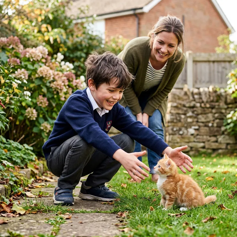 Realistic Scene of Boy and Ginger Kitten Captured in High Resolution