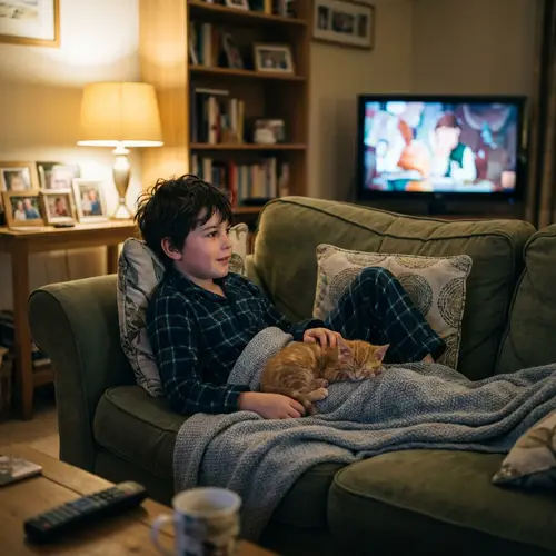Realistic Portrait: Dark-Haired Boy with Ginger Kitten Watching TV
