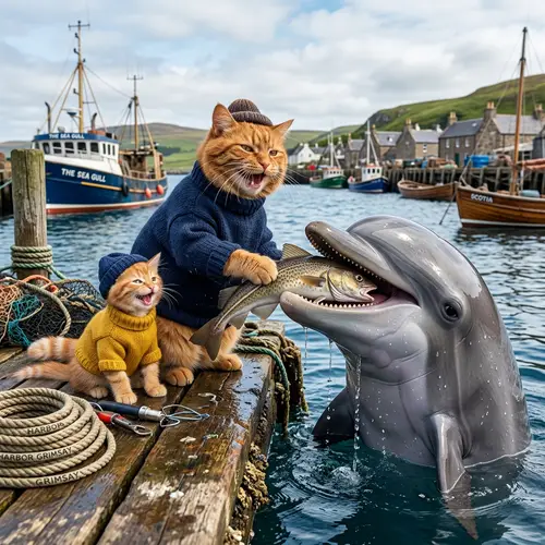 Ginger Scottish Cat & Kitten Feed Dolphin on Sea Dock