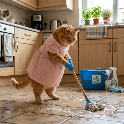 Pregnant Ginger British Shorthair Cat Cleaning Floor in Pink Dress