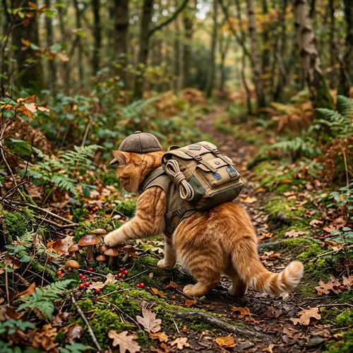Plump British Orange Tabby Cat in Realistic Hiking Scene
