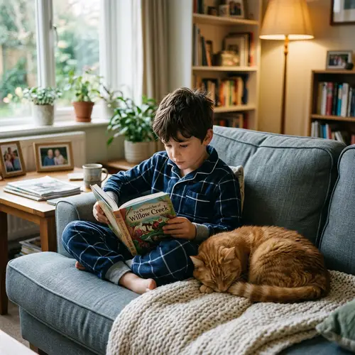 Attractive 8-Year-Old Boy Reading Book with Ginger Cat - Realistic Home Scene