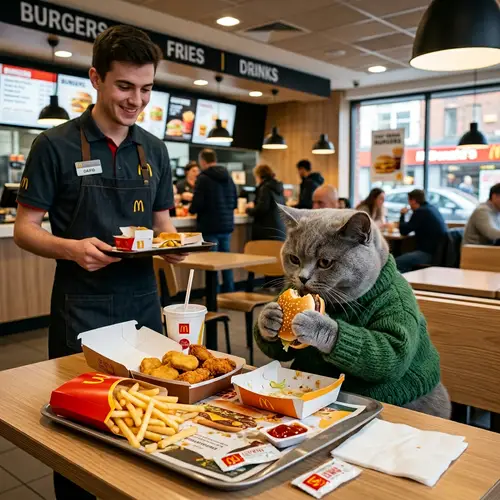 Chubby Grey British Kitten in Green Sweater Enjoying Fast Food