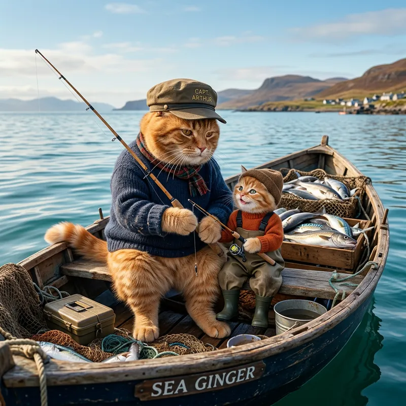 Father Cat Teaching Son to Fish in Sea | Scottish Red Cats
