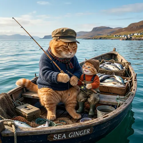 Father Cat and Kitten Fishing in Sea | Scottish Red Cats