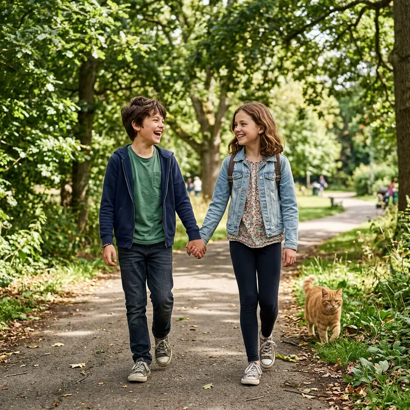 Captivating Scene: Charming 12-Year-Old Boy & Girl Walking in a Lush Park