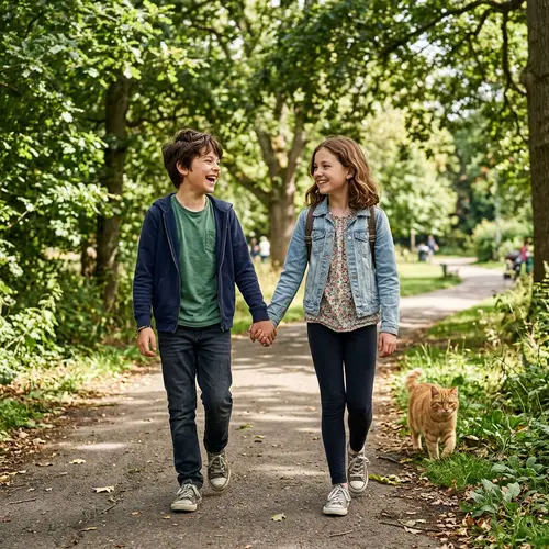 Realistic Depiction of a Charming Young Boy and Girl in a Lush Park Setting