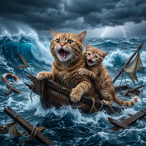 Scottish Ginger Cat and Kitten in Turbulent Waves